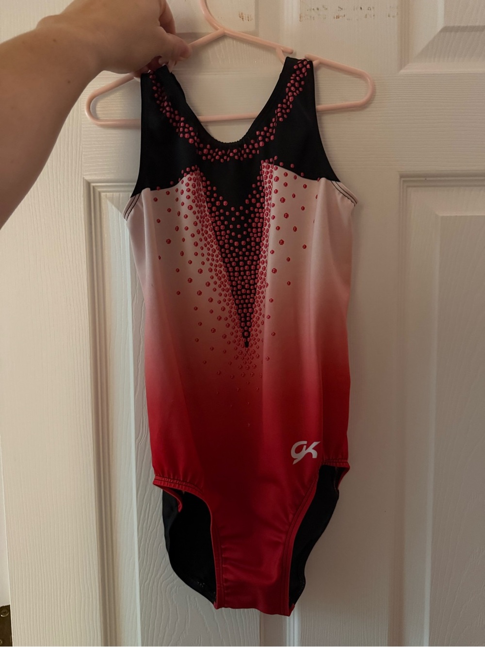GK Gradient Red to White Gymnastics Leotard with Black Accents